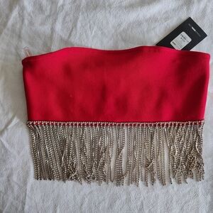 Fashion Nova Red Midi Skirt with Gold Fringe